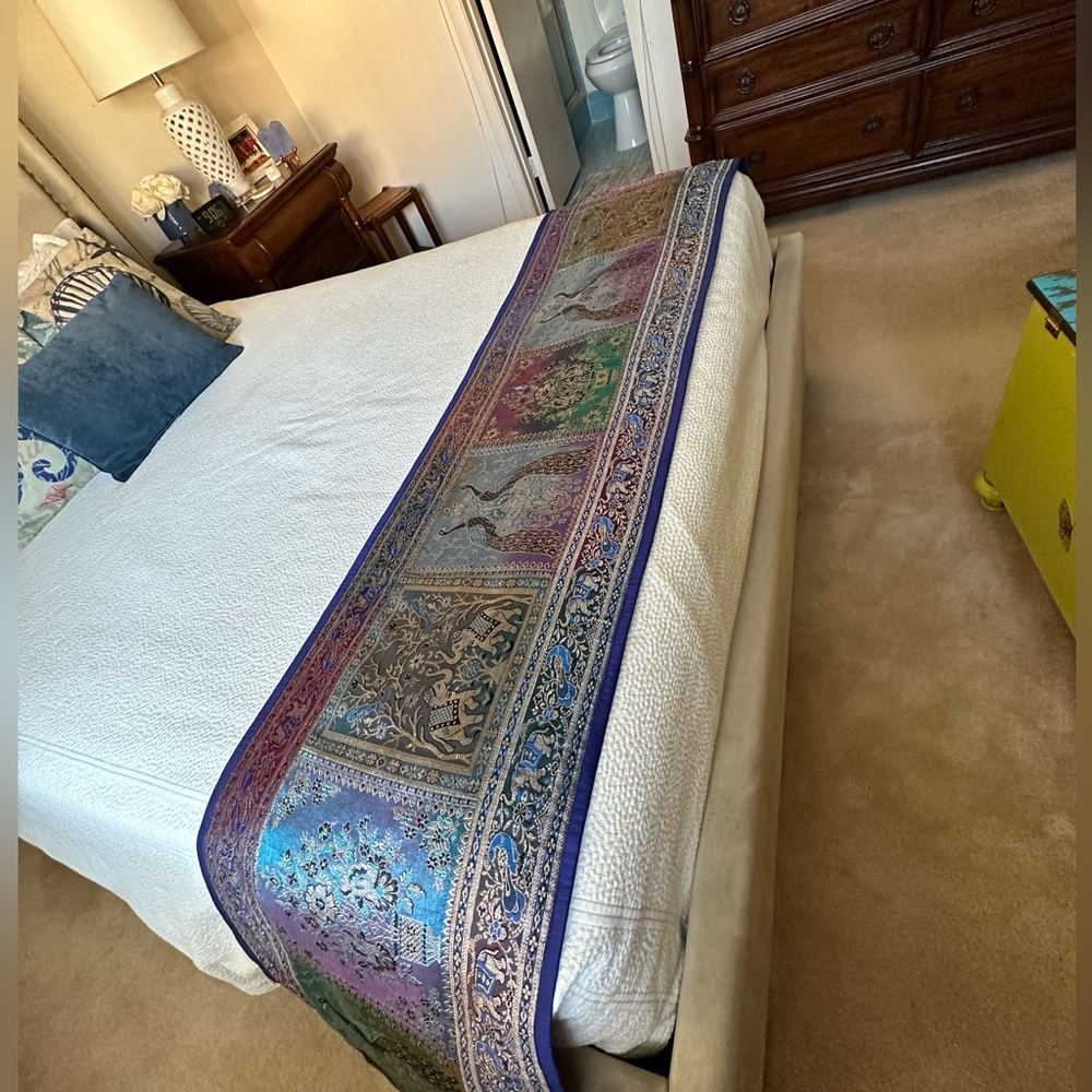 100% Silk bed runner purchased in Varanasi, India.